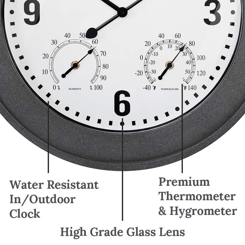 Presentime & Co. 20" Bradford Indoor/Outdoor Farmhouse Clock with Weather Station, Gray Stone Finish - Image 2